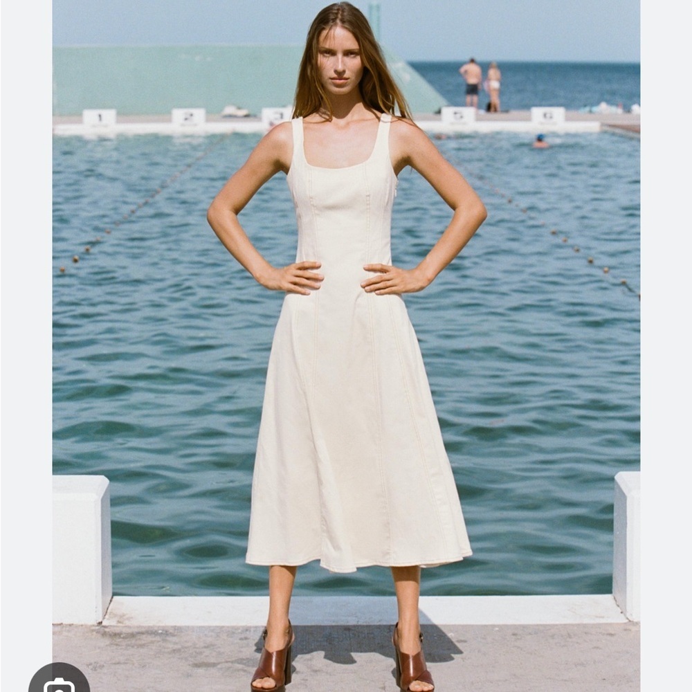 Zara Topstitched Cream/Ecru Midi Dress | M